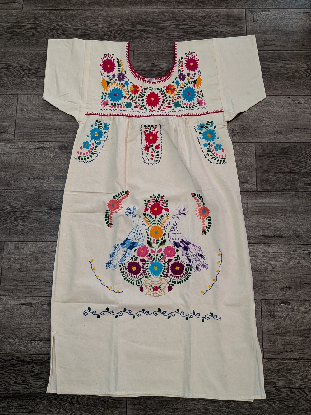 VTG Mexican Huipil Dress White Cotton Embroidered Peacock Puebla Peasant L Boho
